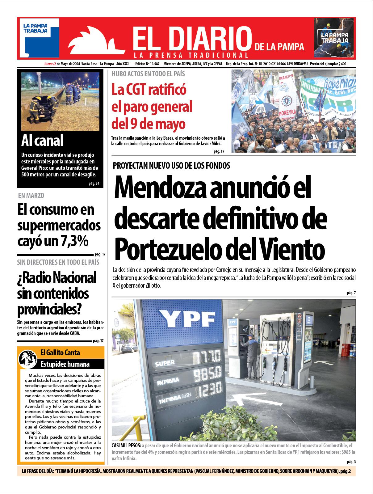 Tapa de El Diario en papel  jueves 02 de mayo de 2024